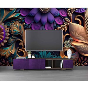 3 Boyutlu Mor Çiçek Desenli Duvar Kağıdı - Dkm774049 275x260 cm