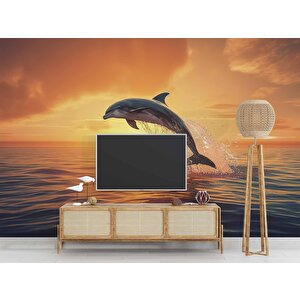 Gün Batımı Ve Yunus Balığı Temalı Duvar Kağıdı - Dkm665017 525x200 cm