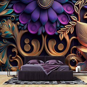 3 Boyutlu Mor Çiçek Desenli Duvar Kağıdı - Dkm774021 800x200 cm
