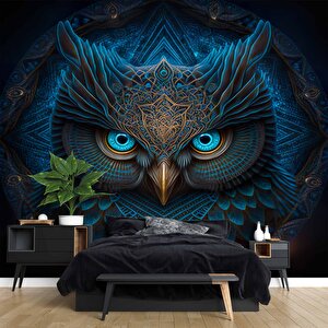 Mavi Baykuş Temalı Duvar Kağıtları - Dkm597017 525x200 cm