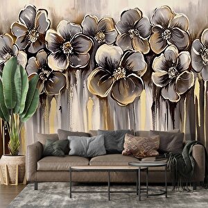 Altın Çiçek Desenli Duvar Kağıdı - Dkm735007 275x200 cm