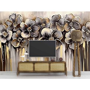 Altın Çiçek Desenli Duvar Kağıdı - Dkm735068 225x280 cm
