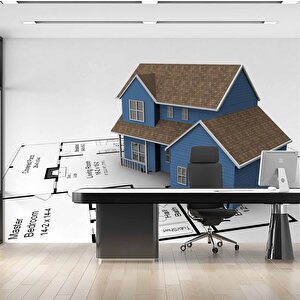 Mimari Ev Çizimi Emlak Ve Gayrimenkul Duvar Kağıdı Baskı - Dkm319001 100x100 cm