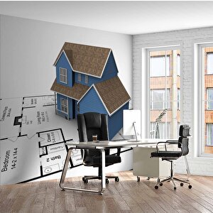 Mimari Ev Çizimi Emlak Ve Gayrimenkul Duvar Kağıdı Baskı - Dkm319118 425x315 cm