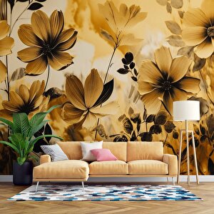 Sarı Çiçek Çizim Desenli Duvar Kağıdı - Dkm884103 600x300 cm