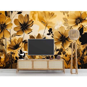 Sarı Çiçek Çizim Desenli Duvar Kağıdı - Dkm884103 600x300 cm