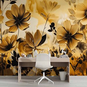 Sarı Çiçek Çizim Desenli Duvar Kağıdı - Dkm884103