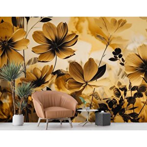 Sarı Çiçek Çizim Desenli Duvar Kağıdı - Dkm884103