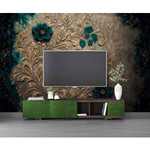 Altın Yaprak Yeşil Çiçek Desenli Duvar Kağıdı - Dkm916125 700x315 cm