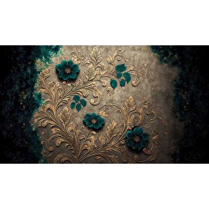 Altın Yaprak Yeşil Çiçek Desenli Duvar Kağıdı - Dkm916125