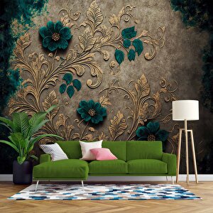 Altın Yaprak Yeşil Çiçek Desenli Duvar Kağıdı - Dkm916020 700x200 cm