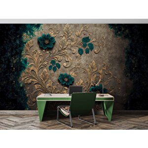 Altın Yaprak Yeşil Çiçek Desenli Duvar Kağıdı - Dkm916020