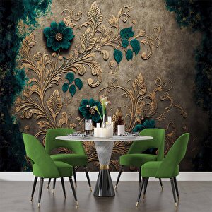 Altın Yaprak Yeşil Çiçek Desenli Duvar Kağıdı - Dkm916020