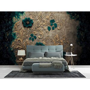 Altın Yaprak Yeşil Çiçek Desenli Duvar Kağıdı - Dkm916074 375x280 cm