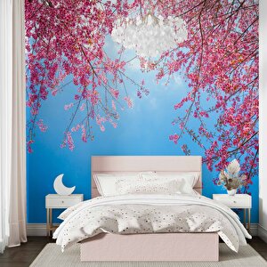 İlkbahar Gökyüzü Ve Pembe Çiçek Manzaları Duvar Kağıdı - Dkm751086 100x300 cm