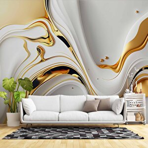 3 Boyutlu Beyaz Altın Boya Desenli Duvar Kağıdı - Dkm745096 400x300 cm