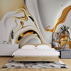 3 Boyutlu Beyaz Altın Boya Desenli Duvar Kağıdı - Dkm745001 100x100 cm