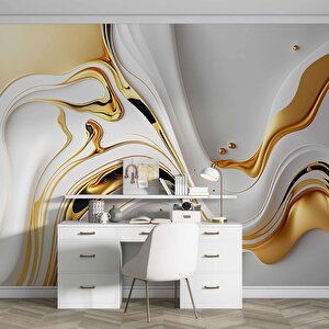 3 Boyutlu Beyaz Altın Boya Desenli Duvar Kağıdı - Dkm745103