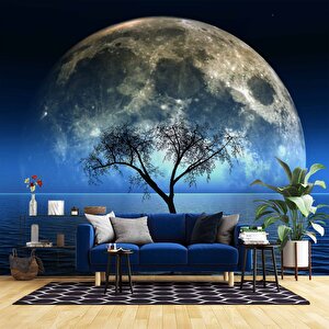 Ağaç Süliyeti Ve Ay Manzaralı Duvar Kağıdı Baskı - Dkm529007 275x200 cm