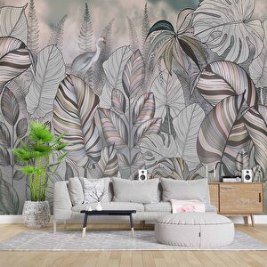 Pembe Eflatun Yaprak Çizim Temalı Duvar Kağıdı - Dkm901050 300x260 cm