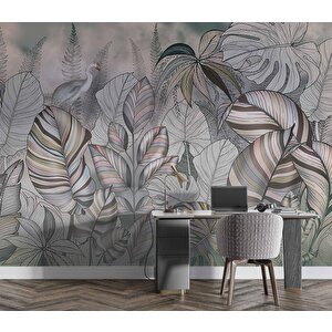 Pembe Eflatun Yaprak Çizim Temalı Duvar Kağıdı - Dkm901050