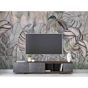 Pembe Eflatun Yaprak Çizim Temalı Duvar Kağıdı - Dkm901103 600x300 cm