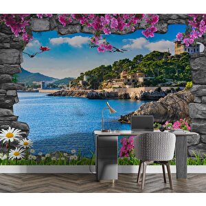 3 Boyutlu Kaya Desenli Deniz Manzaralı Duvar Kağıdı Baskı - Dkm-027_1627