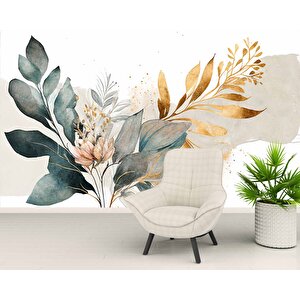 Yeşil Ve Altın Yaprak Pembe Çiçek Desenli Duvar Kağıdı - Dkm915037