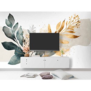 Yeşil Ve Altın Yaprak Pembe Çiçek Desenli Duvar Kağıdı - Dkm915016 500x200 cm