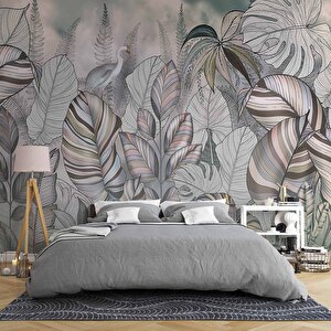 Pembe Eflatun Yaprak Çizim Temalı Duvar Kağıdı - Dkm901010 350x200 cm