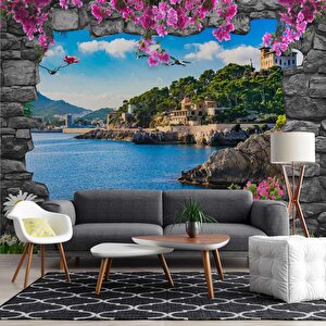 3 Boyutlu Kaya Desenli Deniz Manzaralı Duvar Kağıdı Baskı - Dkm-027_86103 100x240 cm