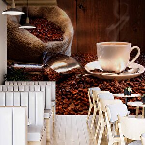 Fincan Ve Kahve Çekirdeği Temalı Cafe Duvar Kağıdı Baskı - Dkm272048 250x260 cm