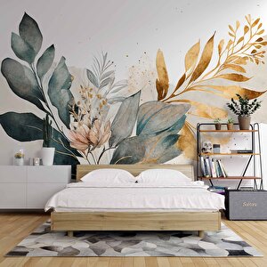 Yeşil Ve Altın Yaprak Pembe Çiçek Desenli Duvar Kağıdı - Dkm915073 350x280 cm