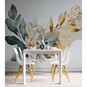Yeşil Ve Altın Yaprak Pembe Çiçek Desenli Duvar Kağıdı - Dkm915073