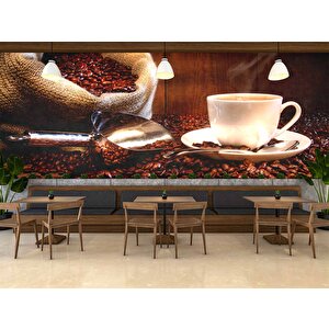 Fincan Ve Kahve Çekirdeği Temalı Cafe Duvar Kağıdı Baskı - Dkm272018 550x200 cm