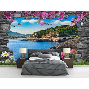 3 Boyutlu Kaya Desenli Deniz Manzaralı Duvar Kağıdı Baskı - Dkm-027_13098 550x300 cm