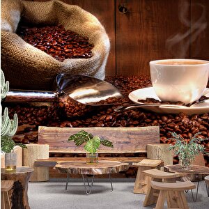 Fincan Ve Kahve Çekirdeği Temalı Cafe Duvar Kağıdı Baskı - Dkm272126 800x315 cm