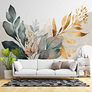 Yeşil Ve Altın Yaprak Pembe Çiçek Desenli Duvar Kağıdı - Dkm915001 100x100 cm