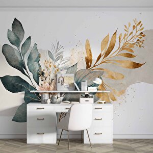 Yeşil Ve Altın Yaprak Pembe Çiçek Desenli Duvar Kağıdı - Dkm915001