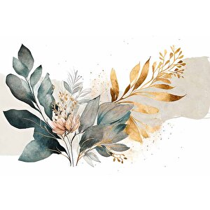 Yeşil Ve Altın Yaprak Pembe Çiçek Desenli Duvar Kağıdı - Dkm915001