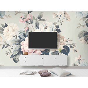 Soft Mavi Pembe Çiçek Desenli Duvar Kağıdı - Dkm888050 300x260 cm