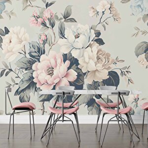 Soft Mavi Pembe Çiçek Desenli Duvar Kağıdı - Dkm888002