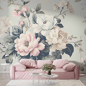 Soft Mavi Pembe Çiçek Desenli Duvar Kağıdı - Dkm888001 100x100 cm