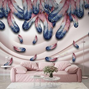 Pembe Mavi Renkli Tüy Desenli Duvar Kağıdı Baskı - Dkm-040_17688 550x260 cm