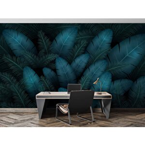 Botanik Mavi Yaprak Temalı Duvar Kağıdı Baskı - Dkm541006