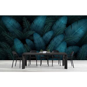 Botanik Mavi Yaprak Temalı Duvar Kağıdı Baskı - Dkm541006