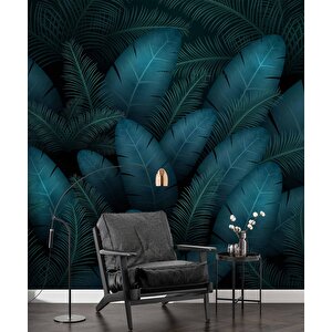 Botanik Mavi Yaprak Temalı Duvar Kağıdı Baskı - Dkm541006