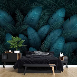 Botanik Mavi Yaprak Temalı Duvar Kağıdı Baskı - Dkm541003 150x200 cm