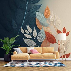 Soft Lacivert Ve Krem Rengi Yaprak Duvar Kağıdı Baskı - Dkm531009 325x200 cm