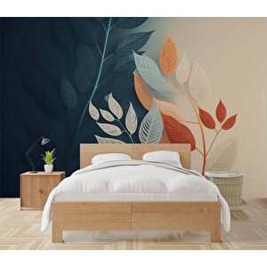 Soft Lacivert Ve Krem Rengi Yaprak Duvar Kağıdı Baskı - Dkm531009 325x200 cm